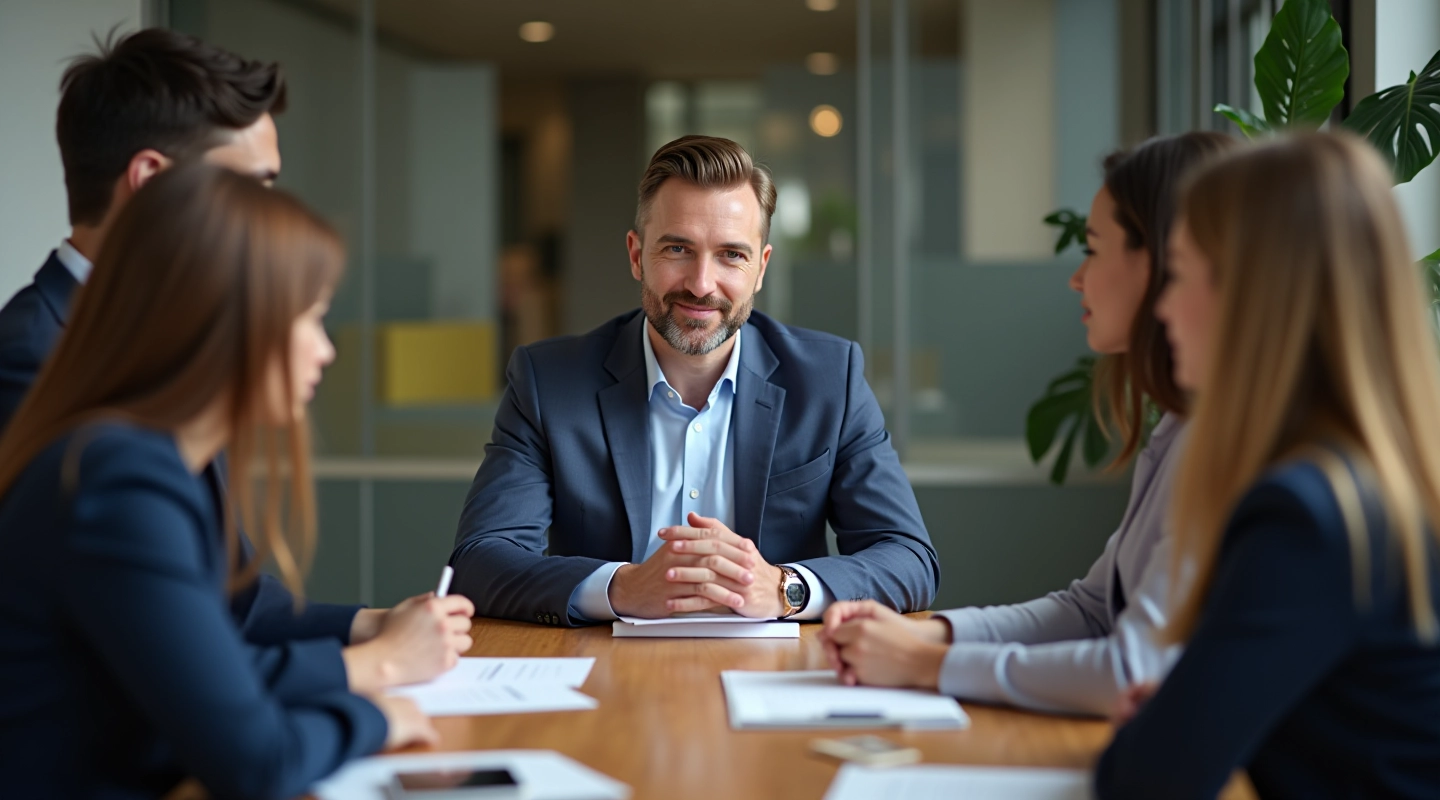 Manager leidt vergadering met teamleden rond tafel, open communicatie, kantooromgeving