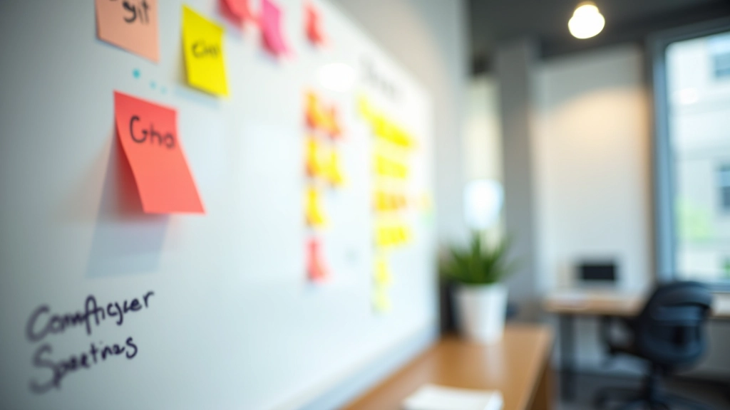 Whiteboard vol notities met post-its, agile sprint planning, teamwerk visueel